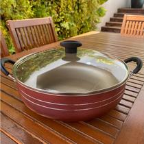 Panela Grande Frigideira Wok Silver Lines Cereja e Bege Antiaderente com alças Tampa.