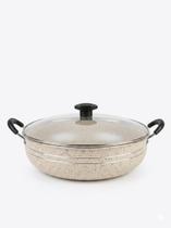 Panela Grande Frigideira Wok Silver Lines Marfim Antiaderente com alças Tampa.