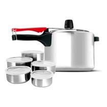 Panela Pressão 4,5 Litros Clock Alumínio Polido Com Jogo de 5 Tigelas Bowls Em Aço Inox