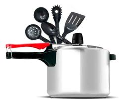 Panela Pressão 4,5 Litros Clock Alumínio Polido Kit De Utensílios 5 Peças Preto