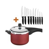 Panela Pressão 4,5 Vermelha + Conjunto Facas 9Pç Tramontina