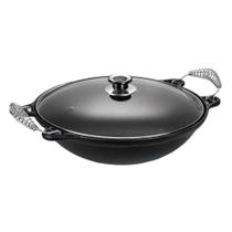 Panela Wok Alça Espiral Ferro Fundido 6L 36CM Tampa Vidro Temperado Preto Panela Mineira Panela Wok Alça Espiral Ferro Fundido 6L 36CM Tampa Vidro Temperado Preto Panela Mineira