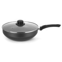 Panela Wok Antiaderente Ultra em Alumínio com Cabo e Tampa de Vidro Preta Gourmet Multiflon 28cm