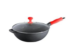 Panela Wok Ferro Fundido Tampa Vidro Cabo Silicone Vermelha