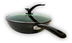 Panela Wok Preto Antiaderente Grande 32cm Cabo Emborrachado Com Tampa Panela Wok Preto Antiaderente Grande 32cm Cabo Emborrachado Com Tampa