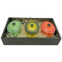 Panelinhas Amarela, Verde, Laranja de Porcelana OVAL com Bandeja rustica