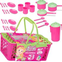 Panelinhas de Brinquedo Kit Cozinha infantil Copos talher Mini Cozinha 28 peças para meninas Cesta Leva Papinha