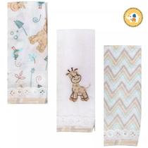 Paninho de Boca Bebe Fralda Bordado 32cmx32cm Kit 3 unidades 100% Algodão Toalhinha Macia e Absorvente Neutra