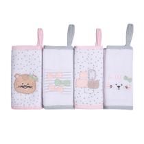 Paninho de boca soft papi friends forro em malha c/ prendedor kit c/4 un bordado p/bebe luxo macio paninho de boca:onça