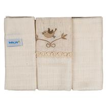 Pano De Boca Com 3 Unidades Para Bebê Com Bordado E Vira 34x40cm - Baby Joy Essência Baby Cor:Pássaro Natural