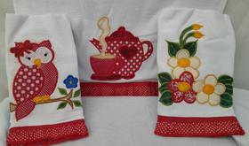 Pano de Copa Cozinha Bordado Algodão Kit com 3 unidades