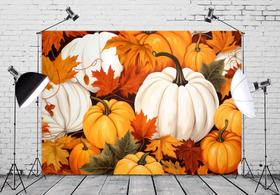 Pano de fundo fotográfico QGHOT Pumpkin Fall 2,1 x 1,5 m poliéster Pano de fundo fotográfico QGHOT Pumpkin Fall 2,1 x 1,5 m poliéster