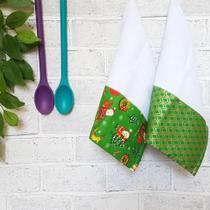 Pano de prato 100% algodão barrado estampado natal kit c/ 2 unidades - losango e papei noel