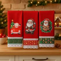 Pano de Prato Bordado NATAL Patchwork Kit 3 unidades Vermelho