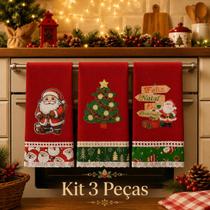 Pano de Prato Bordado NATAL Patchwork Kit 3 unidades Vermelho Pano de Prato Bordado NATAL Patchwork Kit 3 unidades Vermelho