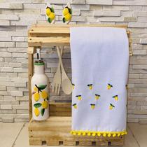 Pano de Prato Branco Copa Master Bordado Limão Siciliano Amarelo com Pompom Amarelo Pano de Prato Branco Copa Master Bordado Limão Siciliano Amarelo com Pompom Amarelo