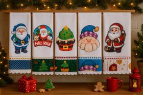 Pano de Prato NATAL Bordado Patchwork Kit 5 unidades
