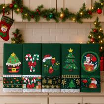 Pano de Prato NATAL VERDE Bordado Patchwork Revenda Kit 5 unidades