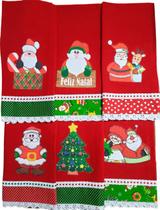 Pano de Prato NATAL VERMELHO Bordado Patchwork Revenda Kit 10 unidades