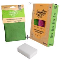 Pano Mágico Limpa Vidros 40x40cm Kit 3 Pano Mágico Uso Geral 30x30cm 1 Supergreen Esponja Limpadora