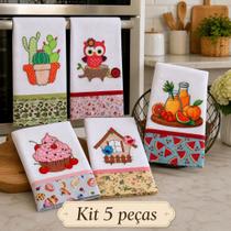 Panos de Prato Bordado Patchwork Kit 5 peças Santa Margarida