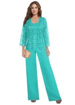 Pant Suit petyoo, manga comprida, renda, chiffon, turquesa, tamanho 6