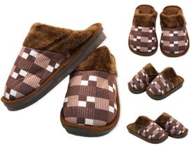 Pantufa Masculina Xadrez de Pelúcia Antiderrapante para Frio Inverno Marrom