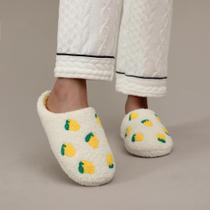 Pantufas De Pelúcia Amarelas Com Bordado De Limão, Macias E Antiderrapantes, Calçados Internos Para Pantufas De Pelúcia Amarelas Com Bordado De Limão, Macias E Antiderrapantes, Calçados Internos Para