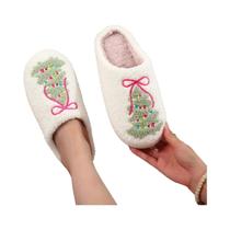 Pantufas De Pelúcia Bordadas Com Padrão De Árvore De Natal, Sola Grossa, Confortáveis E Pantufas De Pelúcia Bordadas Com Padrão De Árvore De Natal, Sola Grossa, Confortáveis E