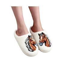 Pantufas Quentes Antiderrapantes De Pelúcia Bordadas Para Homens E Mulheres Com Estampa De Cavalo Pantufas Quentes Antiderrapantes De Pelúcia Bordadas Para Homens E Mulheres Com Estampa De Cavalo