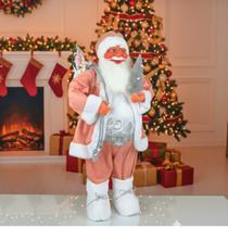 Papai Noel 60cm Casaco Veludo Rosé com Presente Decoração de Natal Luxo