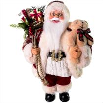Papai Noel Com Urso E Saco De Presente Casaco Vinho 30Cm