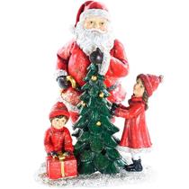 Papai Noel Decoração Natalina de Resina com Crianças e Árvore Iluminada Estatua de Luxo 20 cm