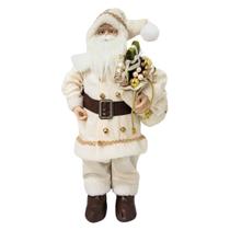 Papai Noel Decorativo Branco e Bege Luxo 60cm Casaco Guizos Lã Pelúcia e Saco de Presentes - Cromus