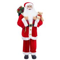 Papai Noel Decorativo Gigante 110cm Vermelho Tradicional Mini Urso Pelúcia e Saco de Presentes Decorado - Bela Flor