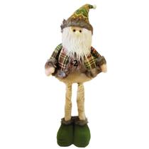 Papai Noel Decorativo Natal Pelúcia Champanhe e Verde Xadrez Pernas Retráteis Extensoras 55cm a 75cm e Gorro Crochê