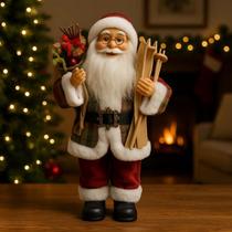 Papai Noel Em Pé 45cm Xadrez Decoração Natalina Luxo Esquis e Saco de Presentes Enfeite Tradicional