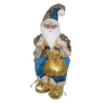 Papai Noel Musical Azul E Paetês 40cm Sentado Decoração Luxo