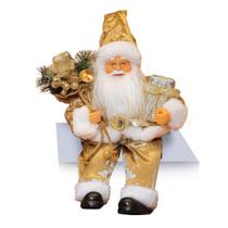 Papai Noel Repetidor Dourado Sentado com Saco de Presente Decoração Natal 30cm - Magizi