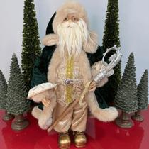 Papai Noel Roupa Verde e Dourada c/ Cajado - 45cm - Mimô Store Decor