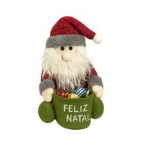 Papai Noel Sentado Decorativo Natal Pelúcia Saco Feliz Natal Vinho e Verde 20cm