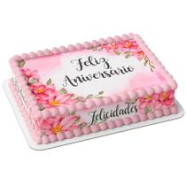 Papel arroz e faixa para bolo festa aniversário surpresa comemoração floral flores cor de rosa feliz aniversá