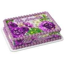 Papel arroz e faixa para bolo flores floral estampa feliz aniversário lilás