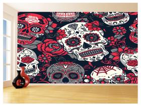 Papel De Parede 3D Arte Caveiras Mexicanas Flor 3,5M Tra42