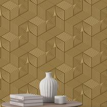 Papel de Parede 3D Auto Adesivo Geométrico Cubos Listrados Dourado Decorativo Quarto Sala 6m