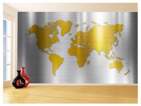 Papel De Parede 3D Mapa Mundi Aço Escovado Ouro 3,5M Nmu63 Papel De Parede 3D Mapa Mundi Aço Escovado Ouro 3,5M Nmu63