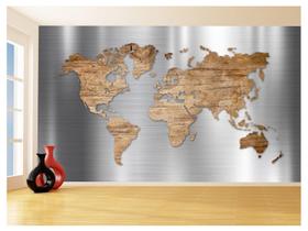 Papel De Parede 3D Mapa Mundi Aço Escovado Wood 3,5M Nmu64
