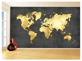 Papel De Parede 3D Mapa Mundi Concreto Dourado 3,5M Nmu34