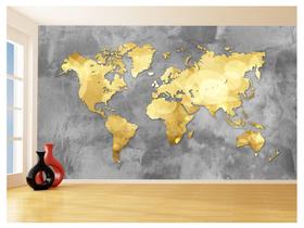 Papel De Parede 3D Mapa Mundi Concreto Dourado 3,5M Nmu43