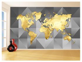 Papel De Parede 3D Mapa Mundi Moderno Cinza Ouro 3,5M Nmu73